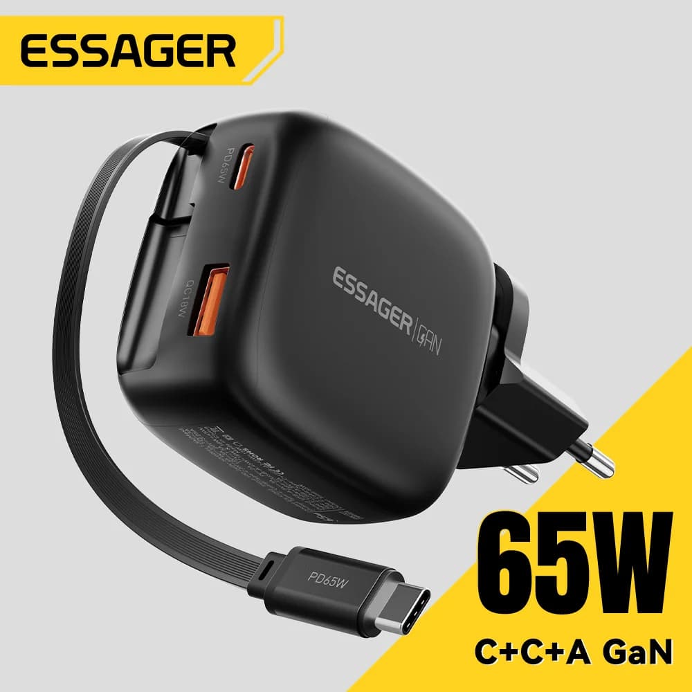 Caricatore GaN 65W con cavo USB-C retrattile 3-in-1