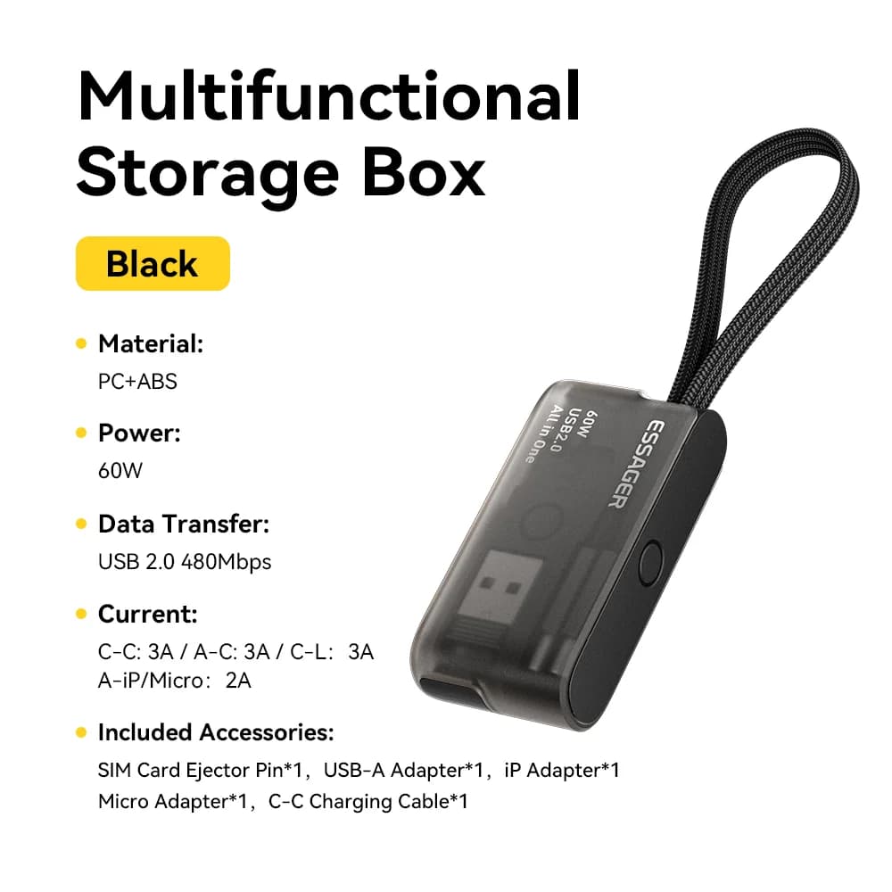 Set Cavi Dati USB-C 60W con Box Portaoggetti da Viaggio