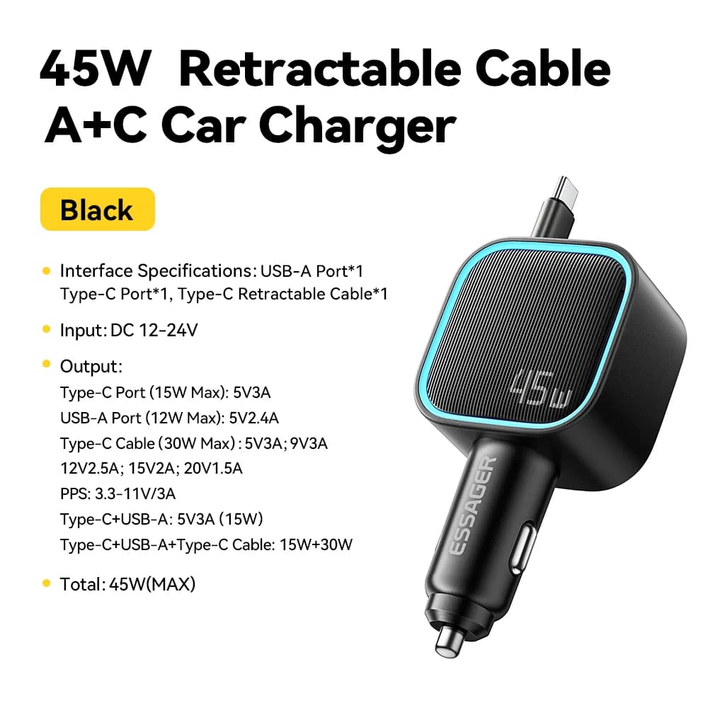 Caricatore da auto 45W con cavo PD retrattile da 75cm