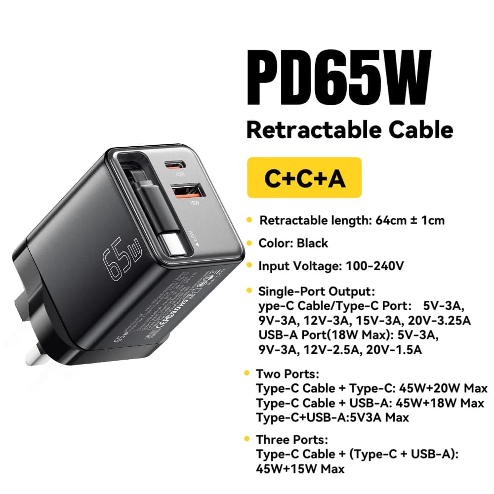 Caricatore GaN 65W con Cavo Retrattile
