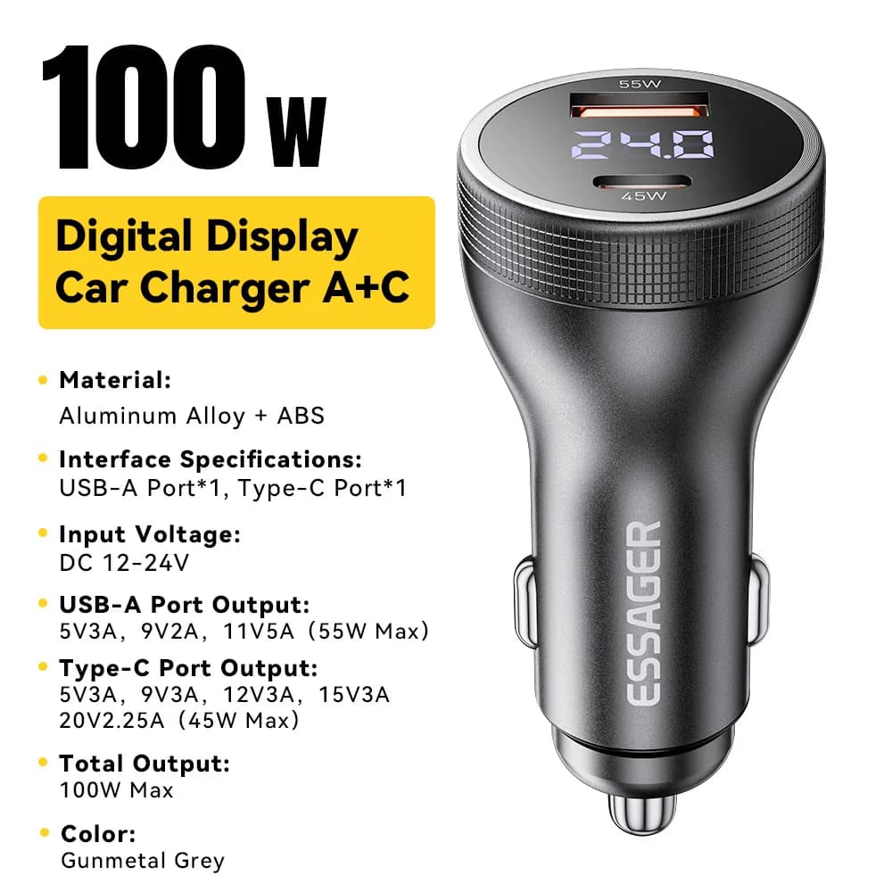 Caricabatterie Auto USB-C 100W con Display Digitale