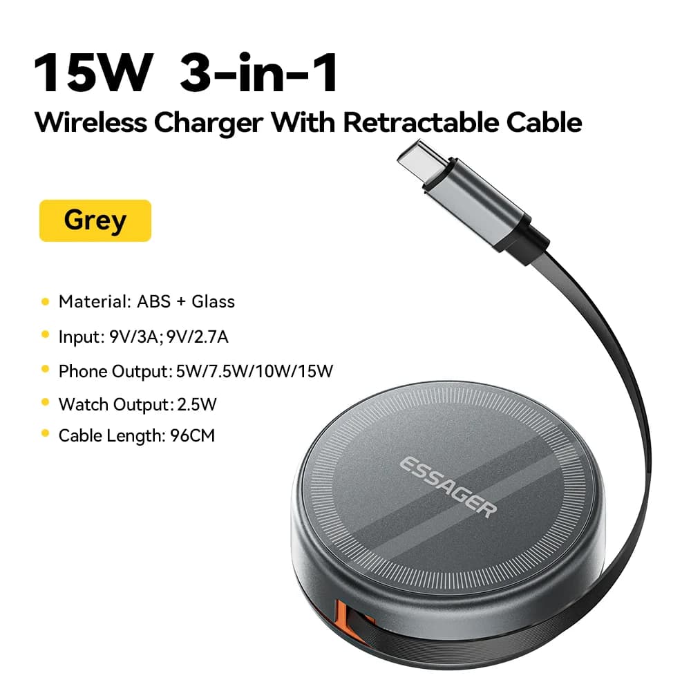 Ricaricatore Wireless Magnetico 3-in-1 con Cavo Retrattile