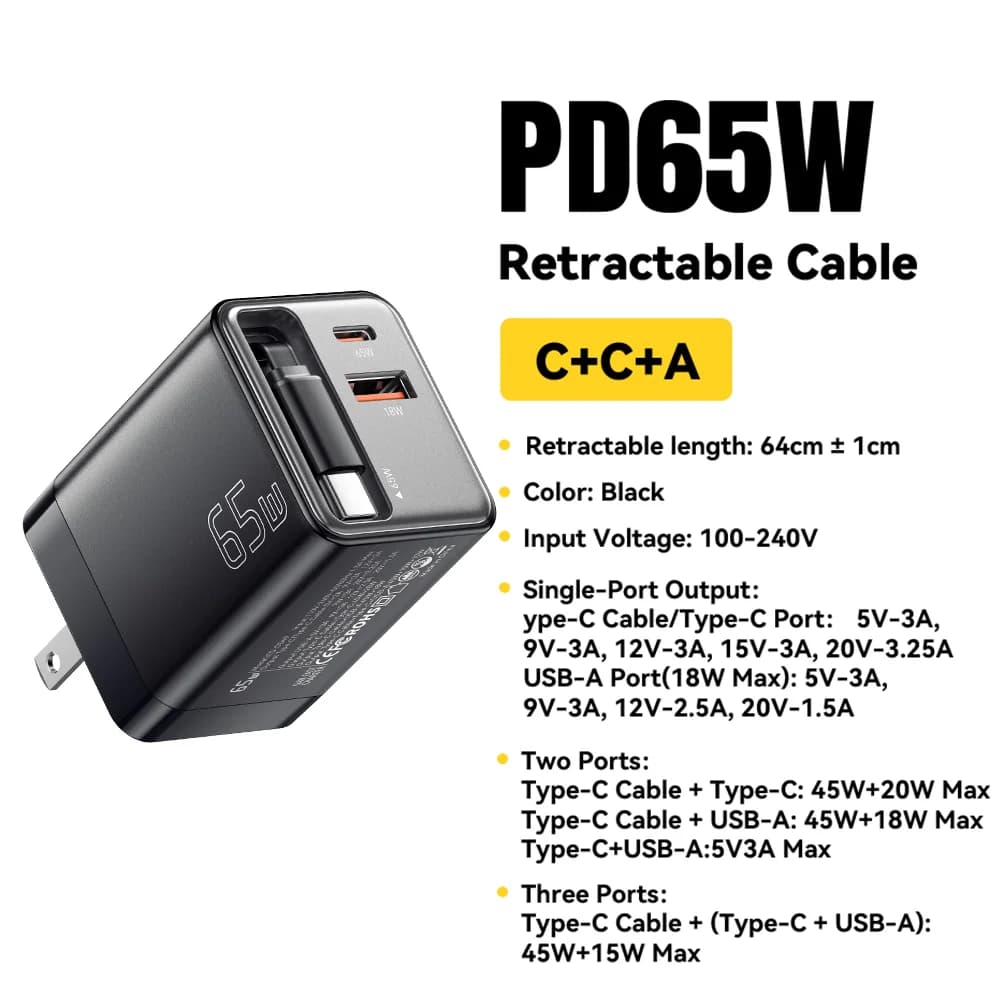 Caricatore GaN 65W con Cavo Retrattile