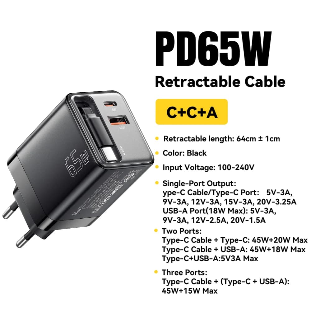 Caricatore GaN 65W con Cavo Retrattile